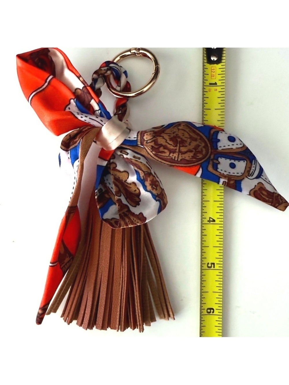 Silk Scarf Tassel Bag Charm Brown Orange Blue Purse Keychain Boho